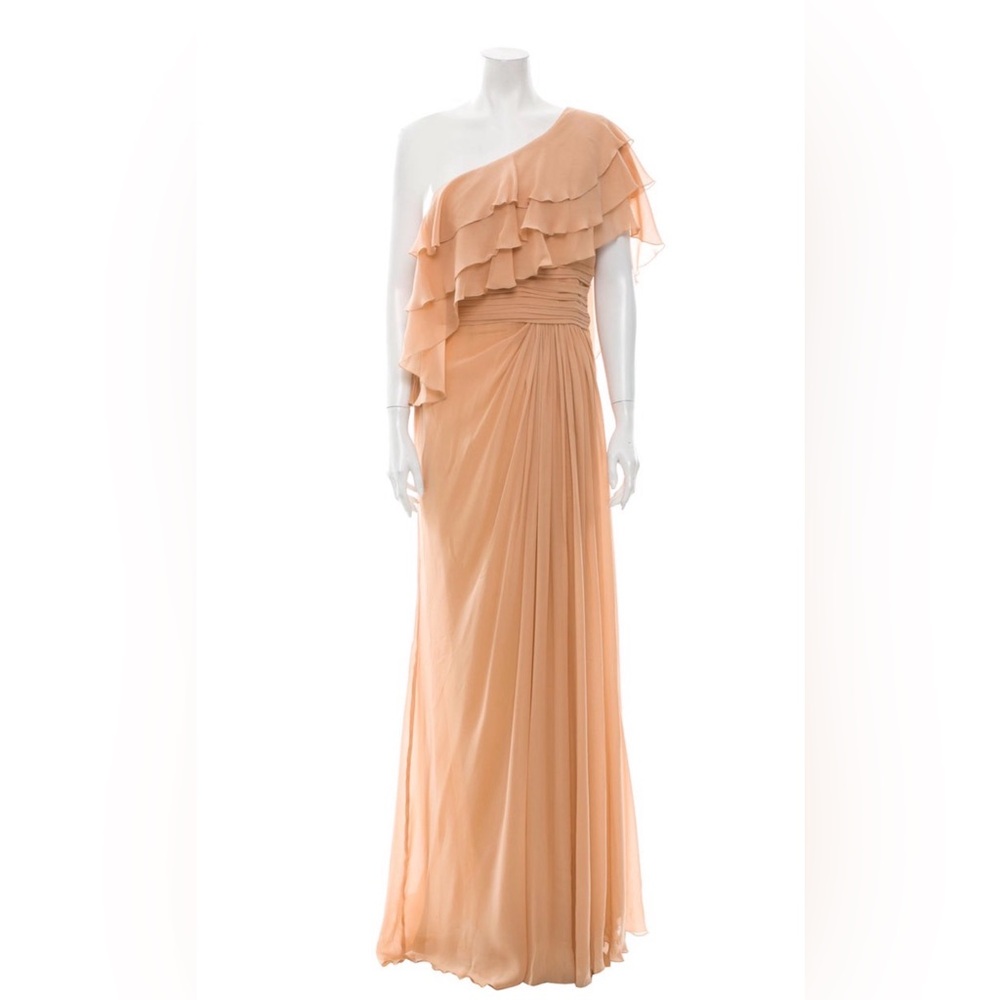 Elie Saab One-Shoulder Peach Ruffled Gown